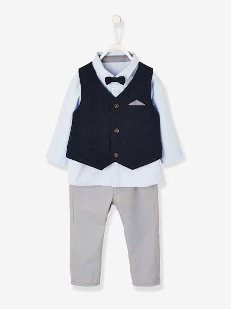 Festliches Jungen Baby-Set: Hemd, Hose, Weste & Fliege Oeko-Tex - blau/nachtblau/grau - 3