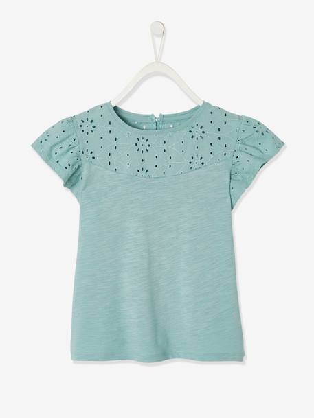 Mädchen T-Shirt mit Volantärmeln und Lochstickerei Oeko-Tex - dunkelrosa+fuchsia+hellgrün+marine+weiß - 8