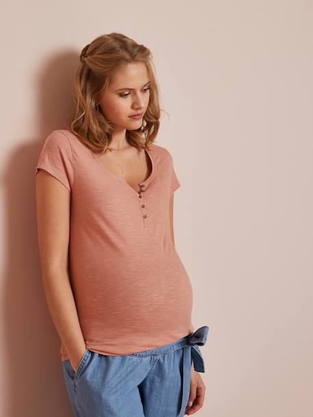 Henley-Shirt für Schwangerschaft und Stillzeit Oeko-Tex® - dunkelgrün+dunkelrosa - 8