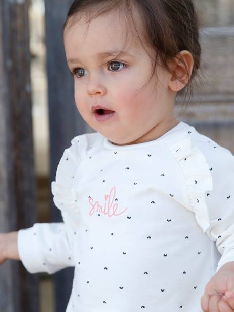 Mädchen Baby Sweatshirt mit Rüschen - hellrosa+wollweiß bedruckt - 10