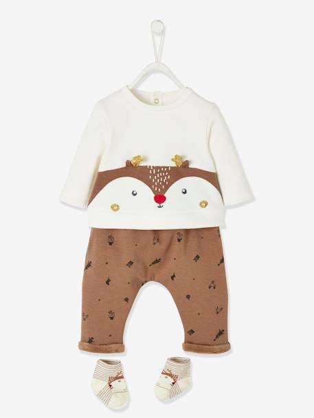 Weihnachtliches Baby-Set: Shirt, Hose & Socken - braun+hellbeige - 2