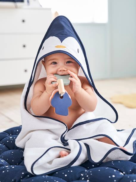 Baby Set aus Kapuzenbadetuch & Waschhandschuh PINGUIN Oeko Tex - weiß/blau - 1