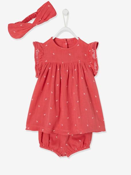 Mädchen Baby-Set: Kleid, Spielhose und Haarband - dunkelrosa bedruckt+senfgelb bedruckt - 1