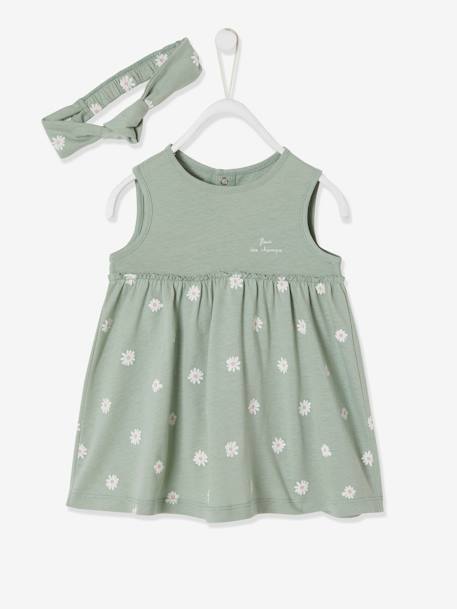 Kleid mit Haarband für Mädchen Baby - graugrün bedruckt+wollweiß+zartrosa - 2