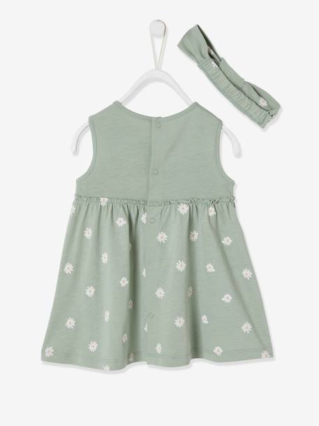 Kleid mit Haarband für Mädchen Baby - graugrün bedruckt+wollweiß+zartrosa - 3
