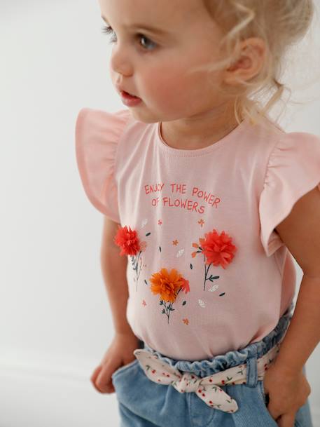 Mädchen Baby T-Shirt, 3D-Blumen Oeko-Tex - altrosa+wollweiß - 1