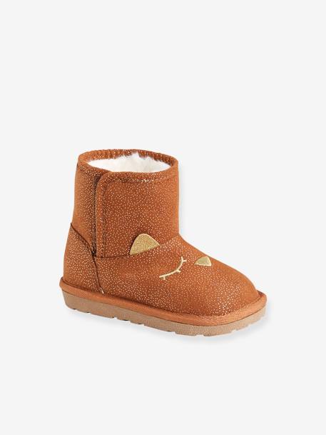 Gefütterte Mädchen Baby Winterstiefel - camelfarben glanzeffekt+marine sterne glanzeffekt - 1