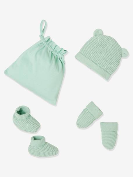 Baby-Set: Mütze, Fäustlinge & Schühchen im Geschenkbeutel Oeko Tex® - grün+wollweiß - 1