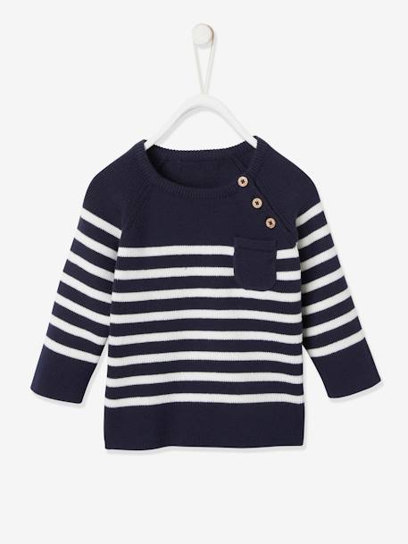 Baby Pullover, Streifen - nachtblau gestreift+wollweiß gestreift+wollweiß/karamell gestreift - 1