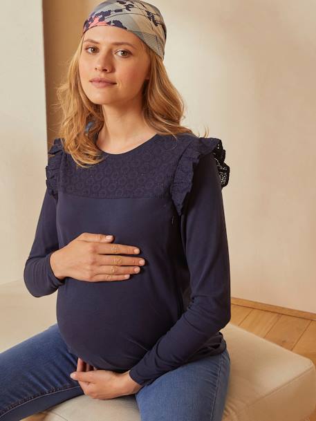 Shirt für Schwangerschaft und Stillzeit, Lochstickereien - nachtblau - 7