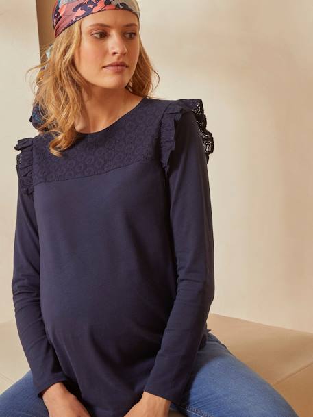 Shirt für Schwangerschaft und Stillzeit, Lochstickereien - nachtblau - 1