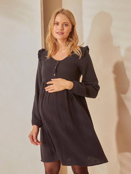 Kurzes Kleid für Schwangerschaft & Stillzeit, Musselin - braun+schwarz - 6