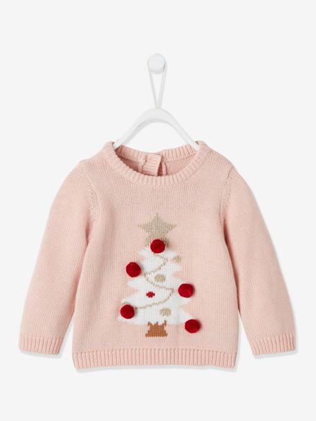 Baby Weihnachtspullover, Tannenbaum mit Pompons Oeko-Tex - zartrosa - 1