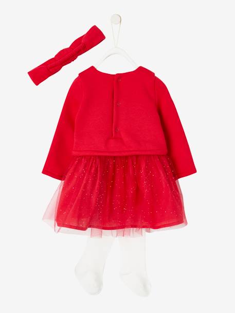 Weihnachtliches Baby Set: Kleid, Haarband und Strumpfhose - rot+weiß glanzeffekt - 5