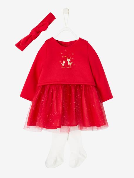 Weihnachtliches Baby Set: Kleid, Haarband und Strumpfhose - rot+weiß glanzeffekt - 2