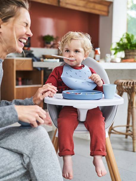 Baby Lätzchen mit Auffangschale, Silikon - altrosa margeriten+blau autos+weiß mehrfarbig getupft - 8