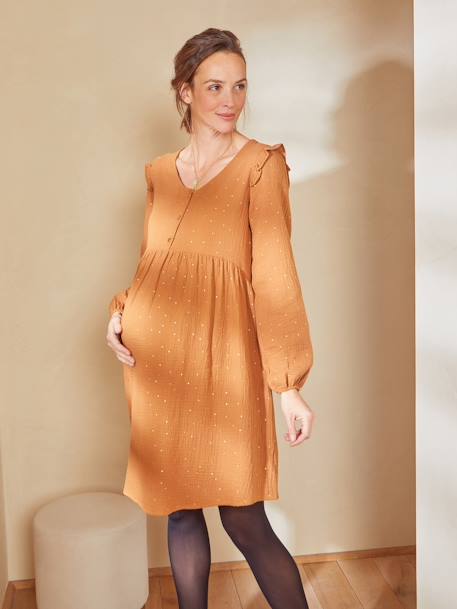 Kurzes Kleid für Schwangerschaft & Stillzeit, Musselin - braun+schwarz - 2