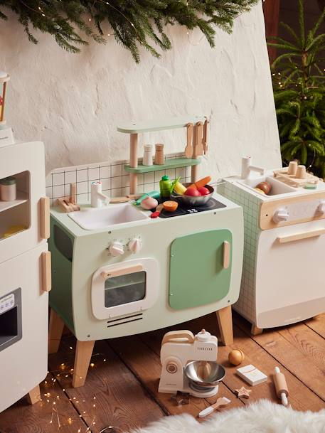 Retro-Spielküche, Küche aus Holz FSC® - grün/natur+karamell+rosa/natur - 2