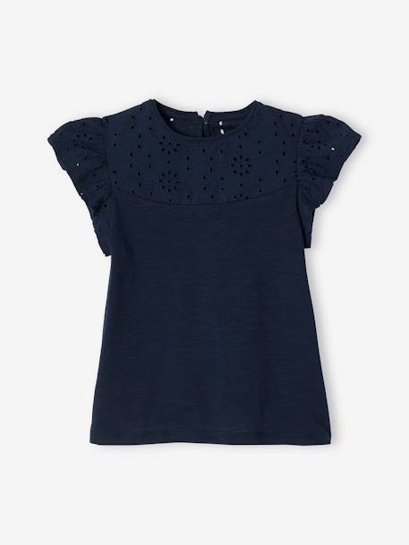 Mädchen T-Shirt mit Volantärmeln und Lochstickerei Oeko-Tex - dunkelrosa+fuchsia+hellgrün+koralle+marine+weiß - 15
