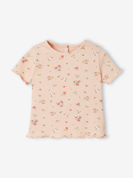 Geripptes Baby T-Shirt mit Blumenprint - altrosa bedruckt+senfgelb bedruckt - 1