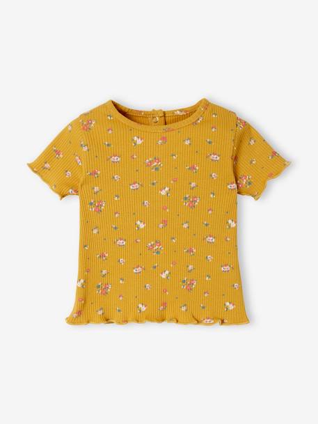 Geripptes Baby T-Shirt mit Blumenprint - altrosa bedruckt+senfgelb bedruckt - 5