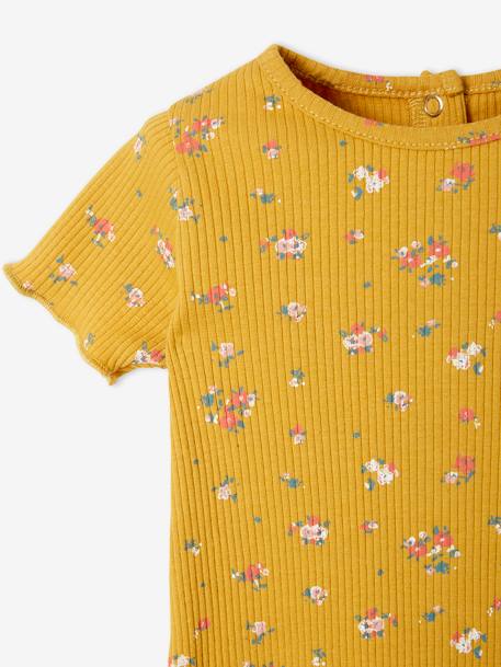 Geripptes Baby T-Shirt mit Blumenprint - altrosa bedruckt+senfgelb bedruckt - 6