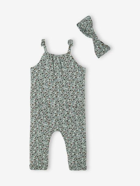 Mädchen Baby-Set: Overall & Haarband - graugrün/braun+petrol bedruckt+weiß geblümt - 6