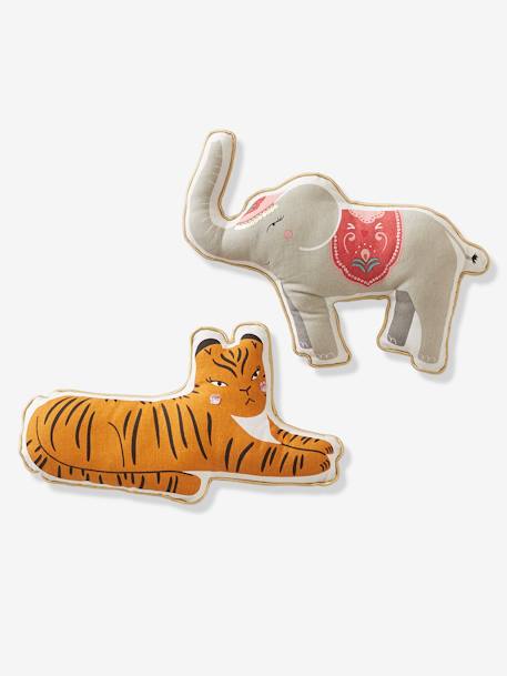 2er-Pack Kinder Kissen INDIA, Tiere - grau elefant+senfgelb tiger - 1