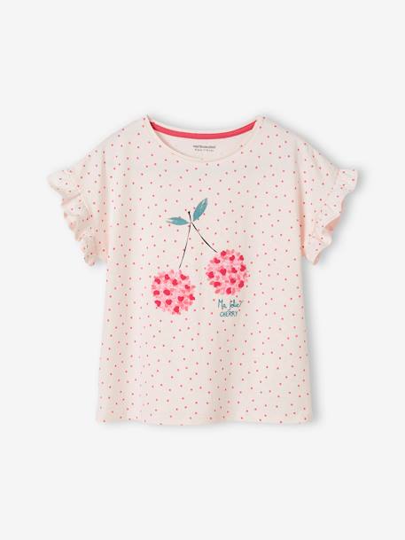 Mädchen T-Shirt mit Relief-Motiv, Früchte - blau+rosa bedruckt+weiß gestreift - 5