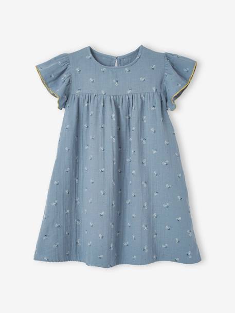 Mädchen Kleid mit Schmetterlingsärmeln, Musselin - aqua+blau bedruckt+ziegel - 11