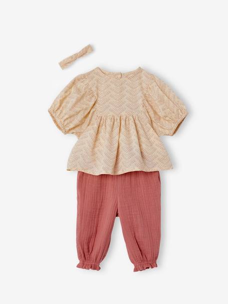 Mädchen Baby-Set: Bluse, Hose & Haarband - beige bederuck+dunkelrosa - 1