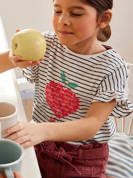 Mädchen T-Shirt mit Relief-Motiv, Früchte - blau+rosa bedruckt+weiß gestreift - 8