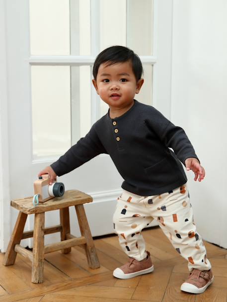 Baby-Set: Shirt & Sweathose Oeko-Tex - dunkelgrau/hellbeige bedruckt+khaki - 1