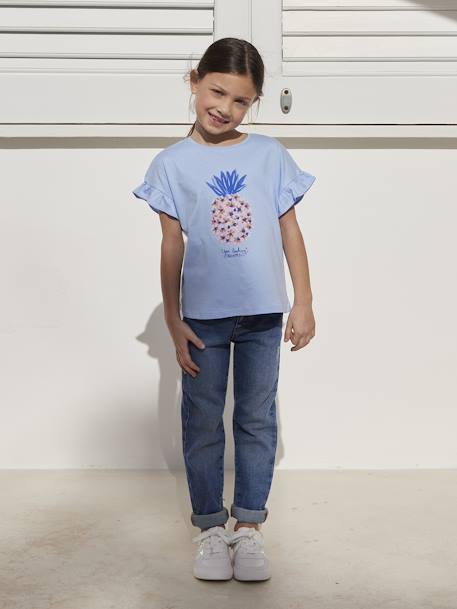 Mädchen T-Shirt mit Relief-Motiv, Früchte - blau+rosa bedruckt+weiß gestreift - 4