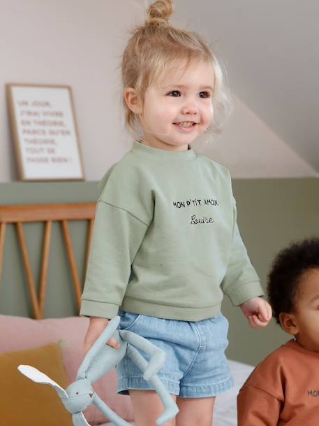 Baby Sweatshirt MON P'TIT AMOUR, personalisierbar Oeko-Tex - graugrün+wollweiß - 1