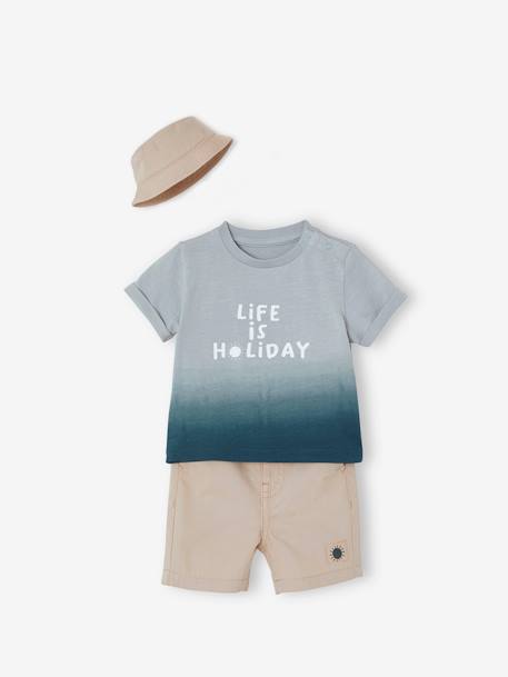 Jungen Baby-Set: T-Shirt mit Verlauf, Shorts & Sonnenhut - hellbeige+blau - 3