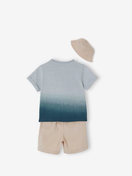Jungen Baby-Set: T-Shirt mit Verlauf, Shorts & Sonnenhut - hellbeige+blau - 6