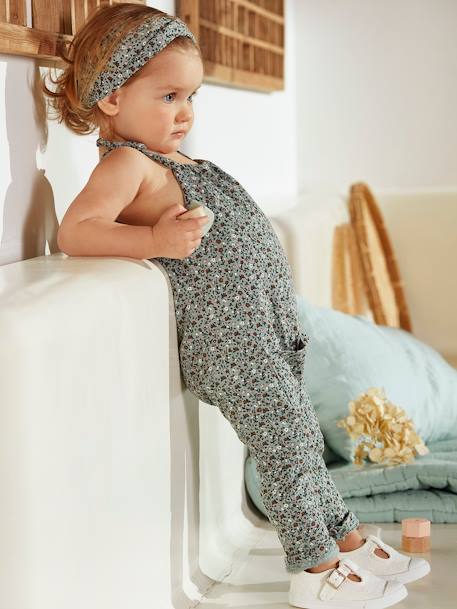 Mädchen Baby-Set: Overall & Haarband Oeko-Tex - graugrün/braun+hellrosa+nachtblau+weiß geblümt - 2