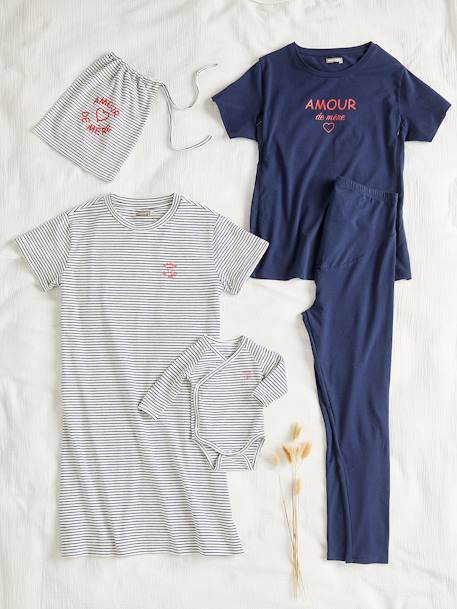 Geschenk-Set für Mama & Baby: Nachthemd, Shirt, Leggings & Body - wollweiß gestreift - 1
