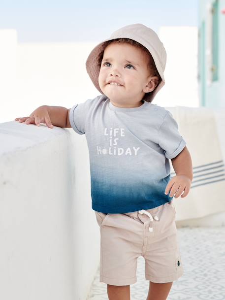 Jungen Baby-Set: T-Shirt mit Verlauf, Shorts & Sonnenhut - hellbeige+blau - 2