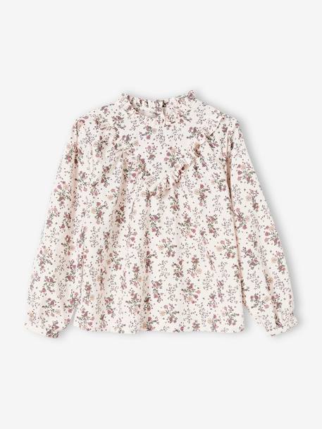 Mädchen Bluse mit Volantkragen, Blumen - marine+rosa bedruckt - 4