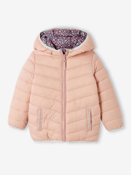 Wendbare Mädchen Light-Steppjacke, Kapuze, Recycling-Polyester - anthrazit bedruckt+hellbeige bedruckt+nachtblau+rosa bedruckt - 1