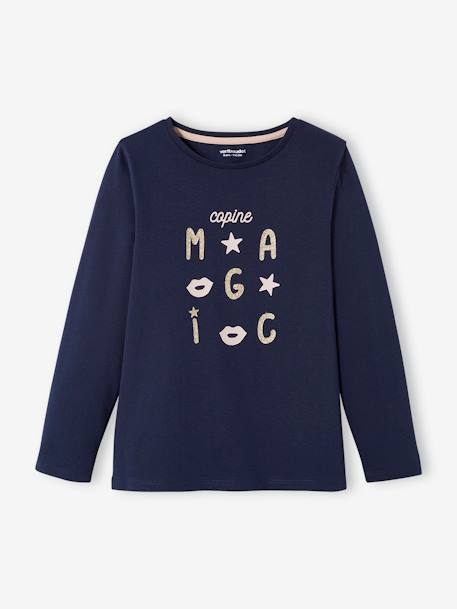 Mädchen Shirt mit Message-Print, Glanzdetails BASIC Oeko-Tex - marine+zartrosa - 1