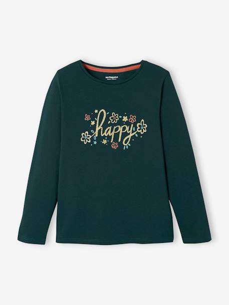 Mädchen Shirt mit Message-Print, Glanzdetails BASIC Oeko-Tex - dunkelgrün+zartrosa - 1