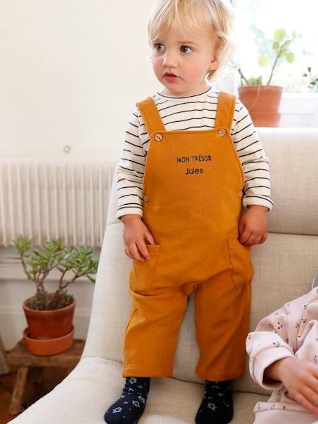 Baby Set MON TRÉSOR: Shirt & Latzhose, personalisierbar Oeko-Tex - grau meliert+graublau+karamell - 20