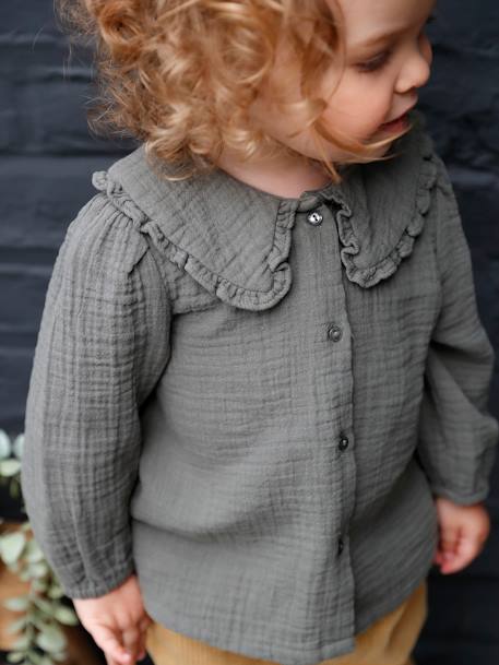 Mädchen Baby Bluse mit Volantkragen, Musselin - khaki - 1