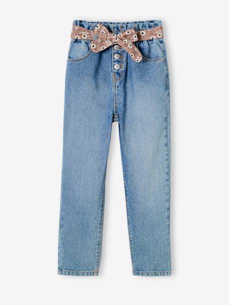 Mädchen Paperbag-Jeans mit Blumen-Gürtel - blue stone+dark blue+grauer denim - 6