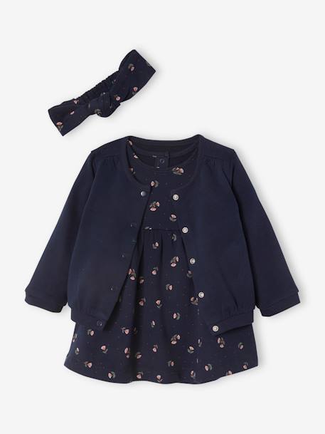 Mädchen Baby-Set: Kleid, Strickjacke & Haarband Oeko Tex® - nachtblau bedruckt+senfgelb+wollweiß geblümt - 1
