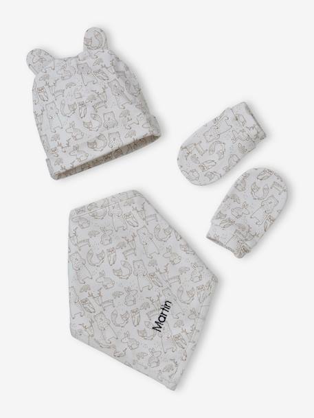 Baby-Set aus Jersey: Mütze, Fäustlinge & Halstuch in Beutel, personalisierbar - taupe - 1