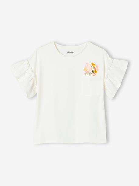 Mädchen T-Shirt, Volantärmel mit Lochstickerei - pfirsich+wollweiß - 5